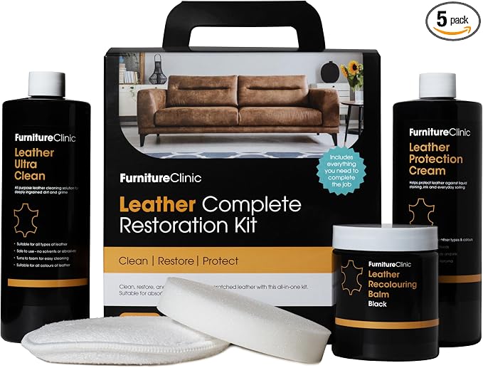 Furniture Clinic Leather Complete Restoration Kit | with Leather Recoloring Balm, Cleaner, 2-in-1 Protection Cream & Conditioner, Sponge, and Cloth | Repair Kit for Furniture (White)