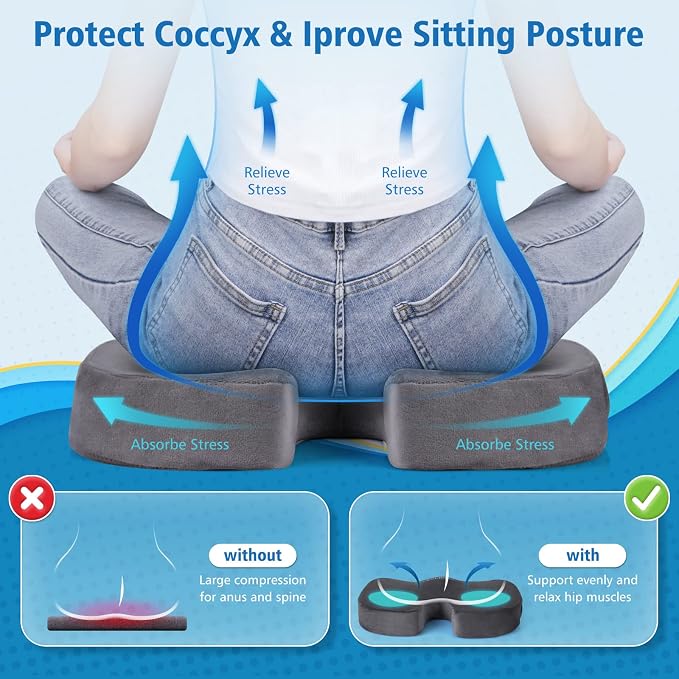 CloudBliss Gel Seat Cushion - Cooling Gel Enhanced, Memory Foam, Ergonomic Seat Cushion for Long Sitting for Office, Game, Car, Airplane (Large, Grey)