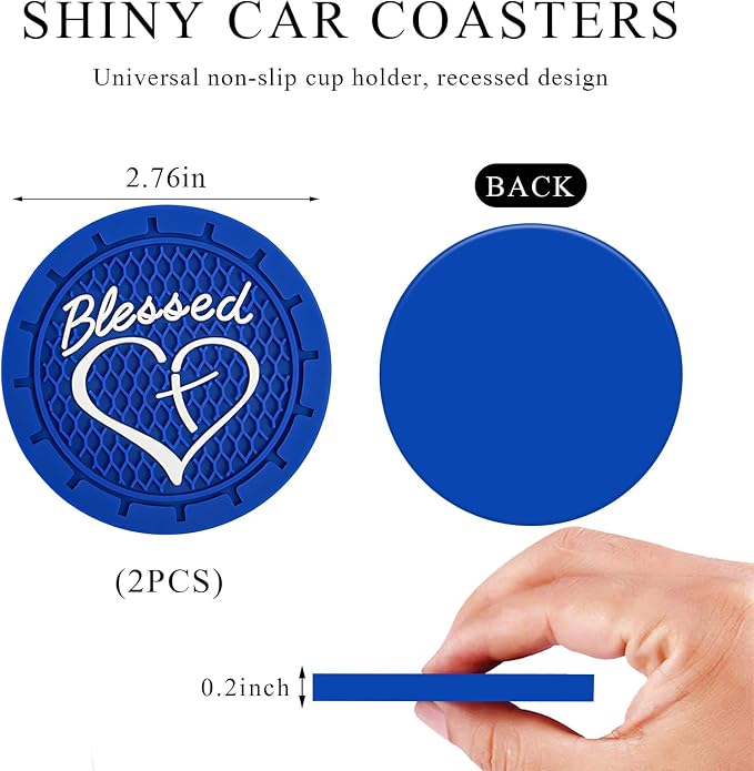 KVAEY 2 PCS Car Cup Holder Coasters, 2.76 Inch Anti Slip Vehicle Drink Mats with Cute Blessed Cross and Heart, Shockproof, Universal Car Accessories (Blue, 2 PCS)