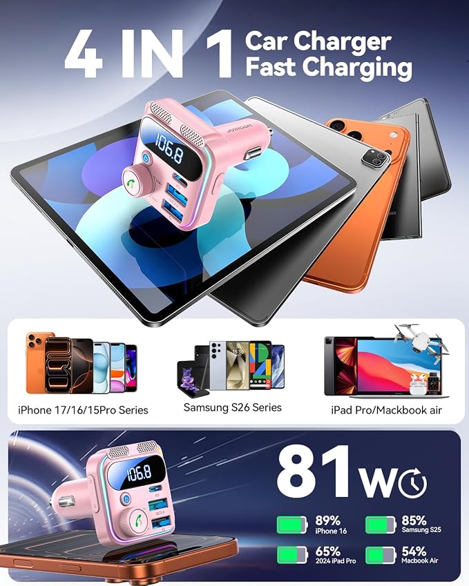 JOYROOM 81W Bluetooth 6.0 Car Adapter FM Transmitter [Next-Gen Stable] Bluetooth Cigarette Lighter Adapter [PD45W&QC36W] Fast Charging Dual Mics HiFi Bass Radio Hands-Free Calling Support USB Drive