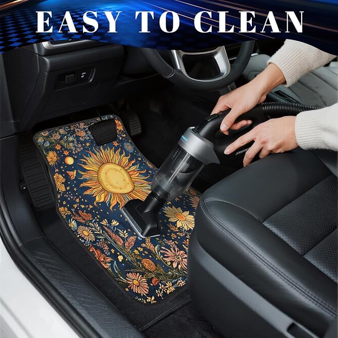 Abstract Car Floor Mats Set of 4 Vintage Sun Moon Star Floral Vibrant Color Carpet Front Rear Carpets Mat Non-Slip Auto Car Accessories Universal Fit for Car SUV Truck Van