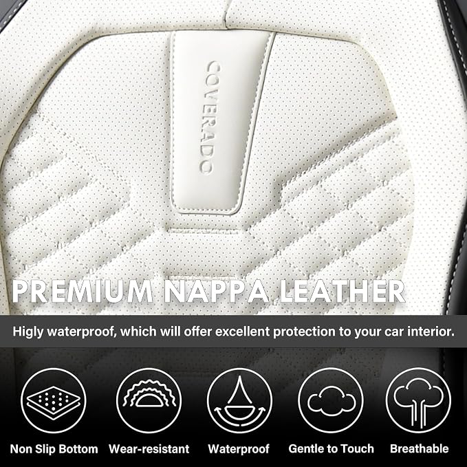 Coverado Car Seat Covers, Front Seat Cover, Waterproof Nappa Leather Seat Covers for Cars, 2 Pack Driver Car Seat Protectors, Automotive Seat Covers Universal Fit for Most Cars, Black&White