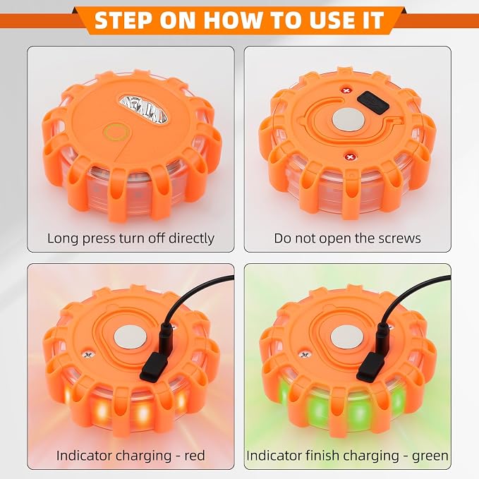 6 Pack USB Rechargeable LED Road Flares Emergency Lights, Roadside Warning Car Safety Beacon Flashing Disc Flare Kit with Magnetic Base for Vehicles & Boat&Truck