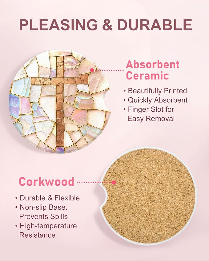 Swooflia Car Coasters for Women - Jesus Ceramic Car Cupholder Coaster Cool Absorbent Mat Coaster with Cork Base 2 Pack Automotive Cup Holder Accessories New Driver Gifts for Decor
