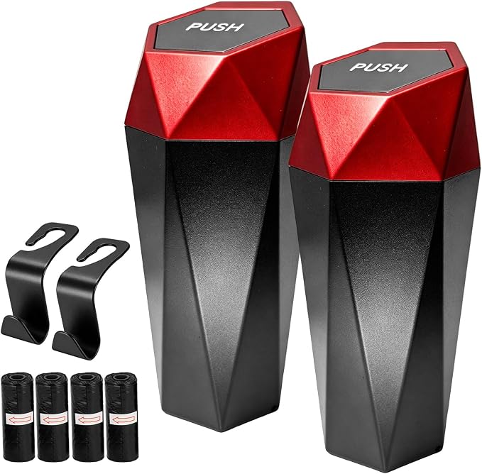 2 PCS Car Trash Can with Lid, Waterproof Diamond Design Auto Cup Holder Trash Bin, Leakproof Mini Garbage Organizer for Vehicle Home Office Kitchen Bedroom, Car Accessories (Red)
