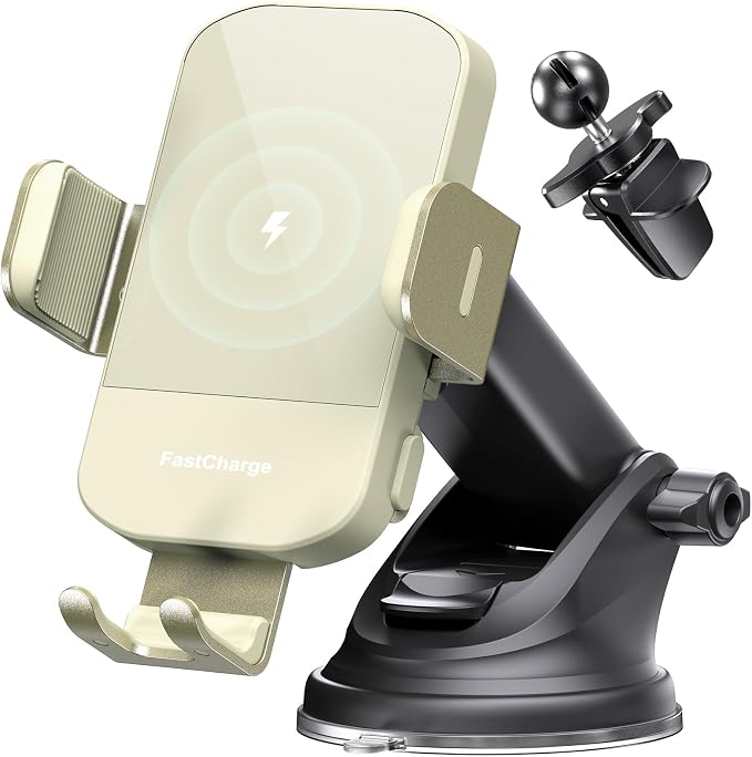 Wireless Car Charger, 15W Fast Charging Auto Clamping Car Charger Phone Mount Phone Holder fit for iPhone 15 14 13 12 11 Pro Max Xs, Samsung Galaxy S24 Ultra S23 S22 S21, S20, S10+, Khaki