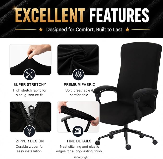 Waterproof Stretch Computer Office Chair Cover with Armrest Covers Durable Zipper Universal Washable Removable Spandex Rotating Boss Chair Slipcovers Anti-dust Soft Desk Chair Seat Protector