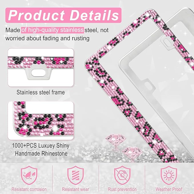 Amiss Bling License Plate Frame for Women, 1Pack Rhinestone Handcrafted Crystal Premium Stainless Steel, Stainless Steel Car Decorative Accessories with Diamond Sparkle Glitter Caps
