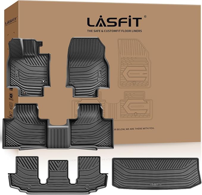 LASFIT Floor Mats&Trunk Mats for Toyota Highlander 8 Seats 2020-2025 2026 (Not for Hybrid), All Weather TPE Floor Liner & Cargo mats for Highlander，Front&Rear 4 Rows mats.