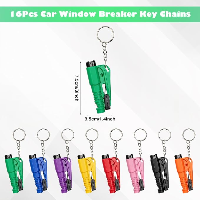 16 Pcs 3-in-1 Car Window Breaker Seatbelt Cutter Keychain Portable Emergency Escape Tool | Survival Whistle, Car Safety Accessories, Multi Car Families Ride Share Fleets Fathers Day Gifting