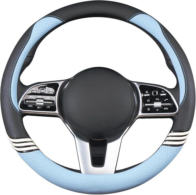 15 inch Cute Leather Steering Wheel Cover Black and Blue | Breathable Non-Slip Faux Leather and Carbon Fiber Car Accessories for Women Men Universal 14.5 inch to 15 inch