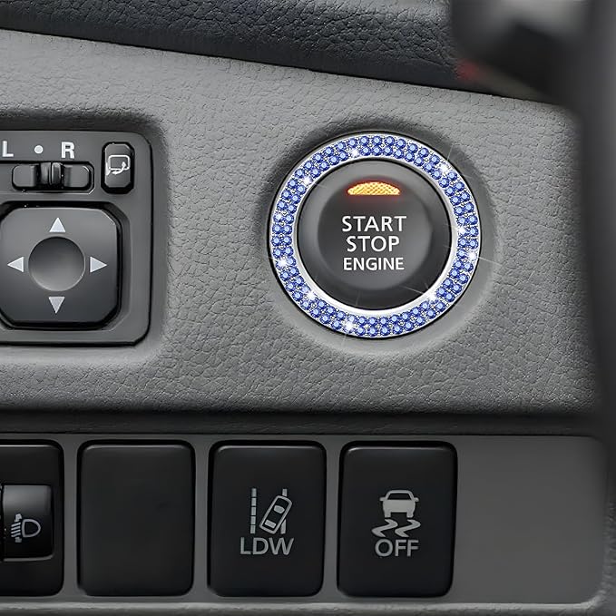 Bling Car Engine Start Ring Decals, 2PCS Sparkling Crystal Rhinestone Vehicle Push to Start Button Sticker, Diamond Auto Key Ignition Knob Decorative Ring, Universal for Vehicles (Light Blue)