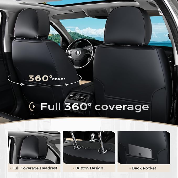 Coverado Universal Car Seat Covers Full Set, Durable Waterproof Faux Leather Front & Rear Seat Protectors, Classic Easy-Clean Interior for Most Vehicles – BlackBeige