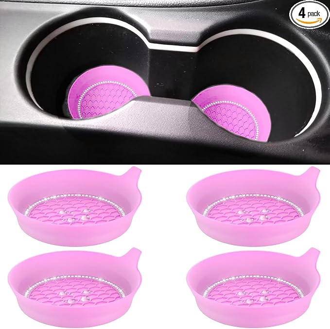 4 PCS Car Cup Coasters, Universal Cup Holder Coaster for Car Accessories, Bling CupHolders Insert for Women Non-Slip Silicone Car Cup Holder Coasters