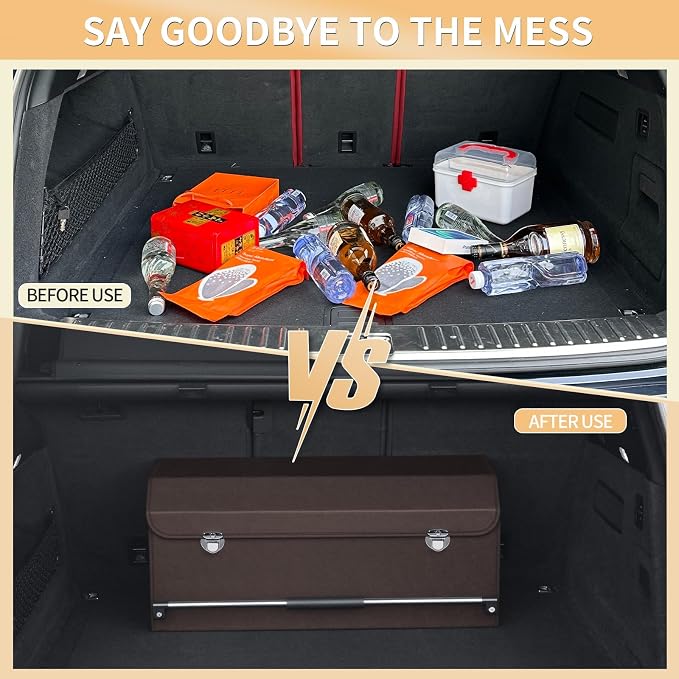Trunk Organizer for Car with Lid Leather Trunk Organizer Car Organizer | SUV Trunk Organizer with Push-pull Handle Car Trunk Storage Organizer for Minivan, Truck, Sedan (Brown, 27.1 x 11.4 x 12.2in)
