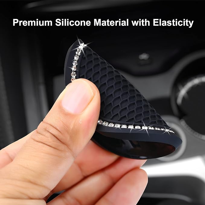2PCS Bling Car Cup Coaster, 2.75 Inch Auto Cup Holder Insert Coasters Silicone Anti-Slip Crystal Rhinestone Drink Mat, Universal Vehicle Interior Accessories for Women Girls (Black)