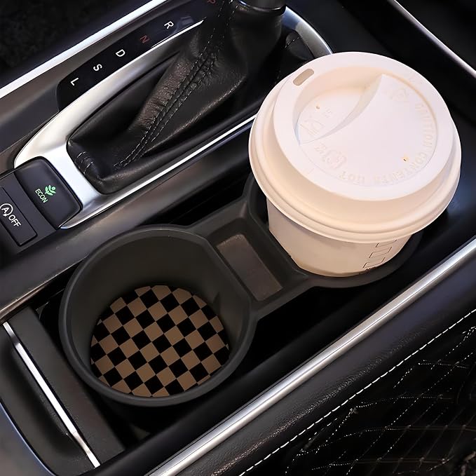 Khaki Checkered Car Coasters for Cup Holder Absorbent Ceramic Cup Coaster 2 Pack Anti Slip Car Interior Accessories with Finger Notch Cork Base for Women Men 2.56"