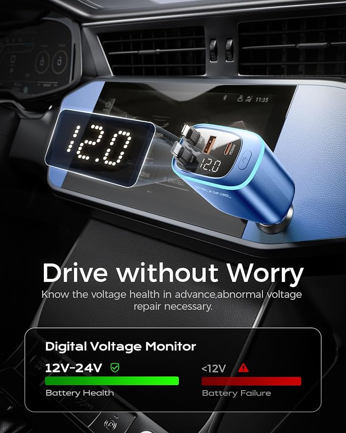 Car Charger, iPhone Fast USB C Phone Car Charger, Cigarette Lighter Adapter | with 2 Cables 25 Inch and 2 USB Ports, Retractable 4 in 1Multi Port USB Car Charging for iPhone 17/16/15/14/13/Pro Max-Blue