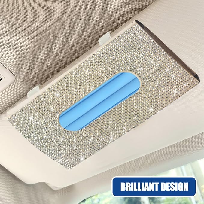 Bling Car Sun Visor Tissue Box Holder, Visor Accessories, Rhinestone PU Leather Crystal Sparkling Napkin Holder, Auto Sun Visor Paper Towel Cover Case Accessories for Most Cars (Beige+White)