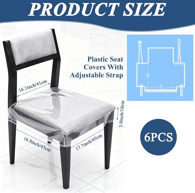 6 Pack Plastic Chair Covers for Dining Chair, Plastic Seat Covers for Dining Chairs, PVC Seat Protector, Waterproof Kitty Scratch Resistant for Most 16-18 Inches