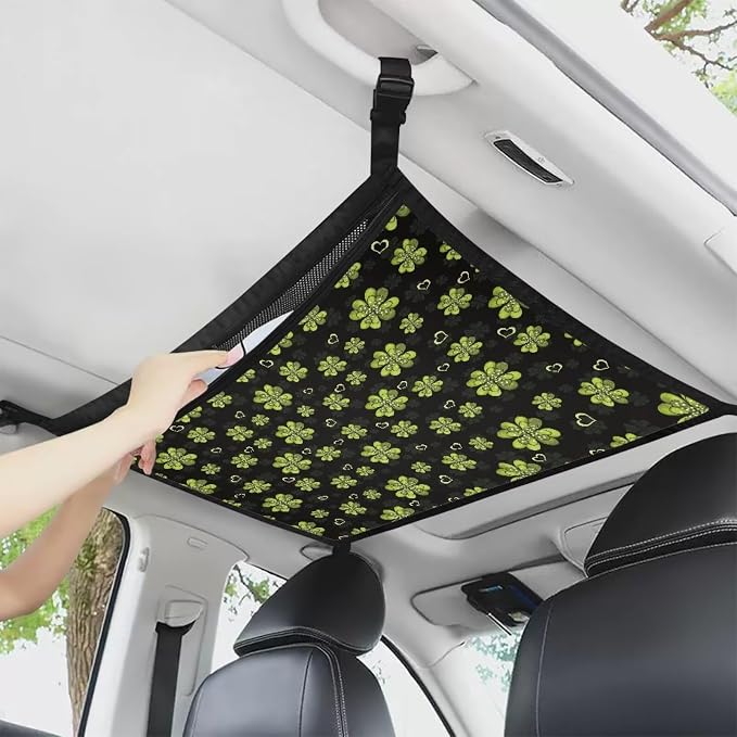 Dreaweet Clover Print Car Ceiling Cargo Net Organizer,Universal Car Pouch Mesh Ceiling Netting Storage Pocket,Car Interior Roof Cargo Net for SUV Truck Mini Van Camping Accessories