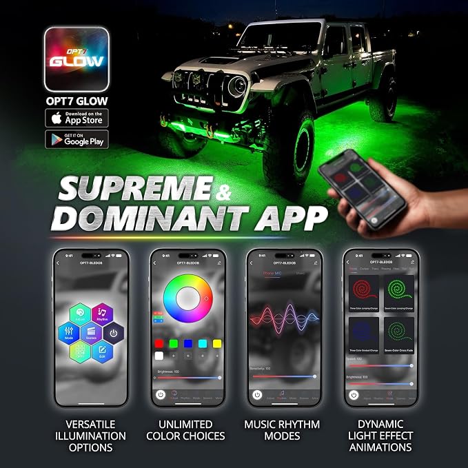 OPT7 Aura Pro RGB Aluminum Truck Underglow Kit with App & Remote Control | Waterproof Rigid Light Bars, Multicolor Music Sync Lighting, Exterior Offroad Lights, Pickup Trucks & Jeeps Accessories, 12V