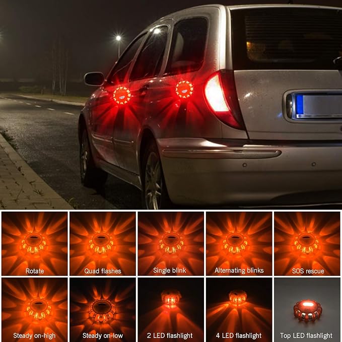AK LED Road Flares Safety Flashing Warning Light Roadside Emergency Disc Beacon Kit for Vehicles Boats with Magnetic Base & Hook 1 Pack (Batteries Not Included)