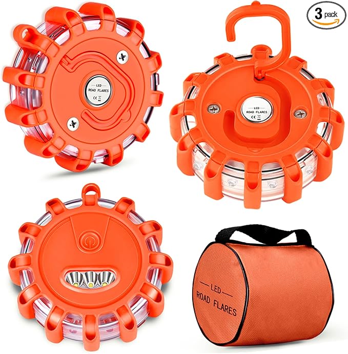 Tobfit 3 Pack LED Road Flares Emergency Lights Roadside Safety Beacon Disc Flashing Warning Flare Kit with Magnetic Base & Hook for Car Truck Boats | 9 Flash Modes (Batteries Not Included) (3)