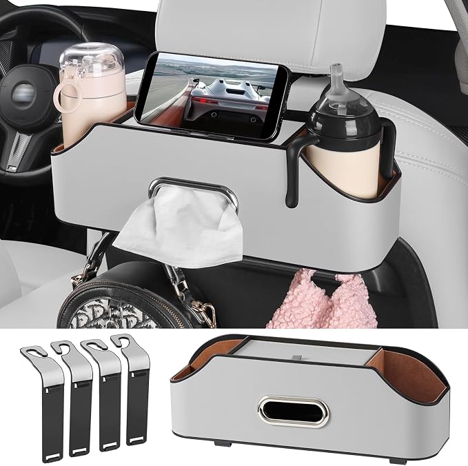 Car Rear Backseat Extra Multifunctional Drink Cup Holder Organizers with Tissue Storage Box Organizer & Hooks for Car Seat Back. Gray