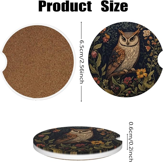Ceramic Car Cup Coasters 2PCS - Owl | with Cork Back & Finger Slot, Anti-Slip Shock Absorbing, Universal Car Interior Accessories for Men Women