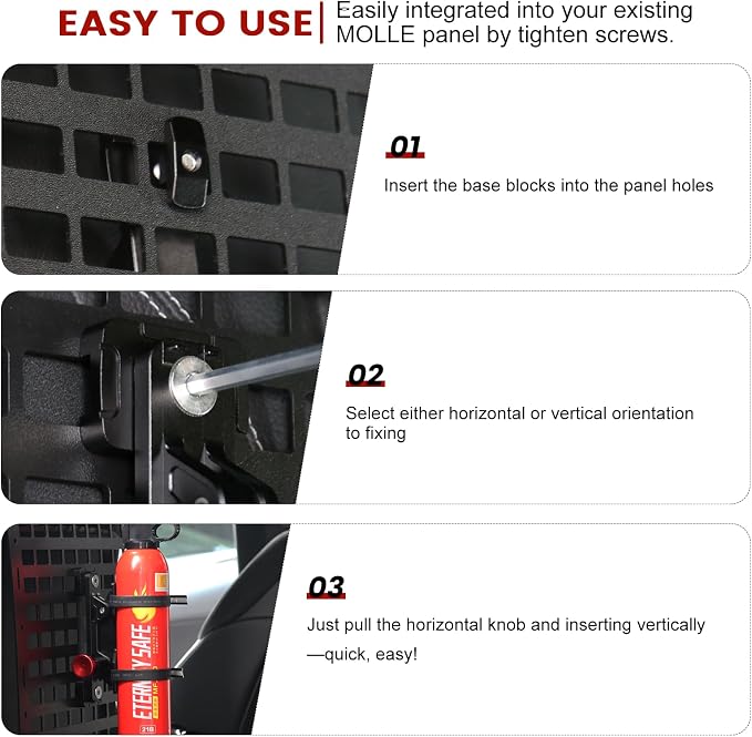 ZHILXN Aluminum MOLLE Panel Fire Extinguisher Mount Kit for 1-2in Slot Hole | Quick Release Car Fire Extinguisher Bracket to Tactical Rigid Panel, Fit MOLLE Panel Accessories for Truck Vehicles, 4 Clamps