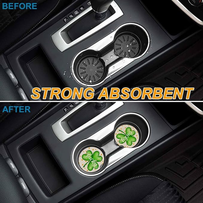 Car Coasters for Cup Holders 2.6" Dia Absorbent Coasters Set of 6 Car Interior Accessories for Women St. Patrick's Day Four Leaf Clover Gold Coin Ceramic Car Coaster for Drinks with Finger Grooves