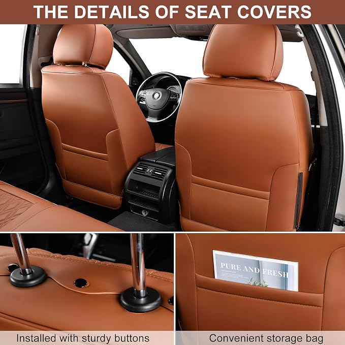 Car Seat Covers Full Set, Breathable Leather Automotive Front and Rear Seat Covers & Headrest, Universal Automotive Vehicle Seat Cover for Most Sedan SUV Pick-up Trucks, Brown