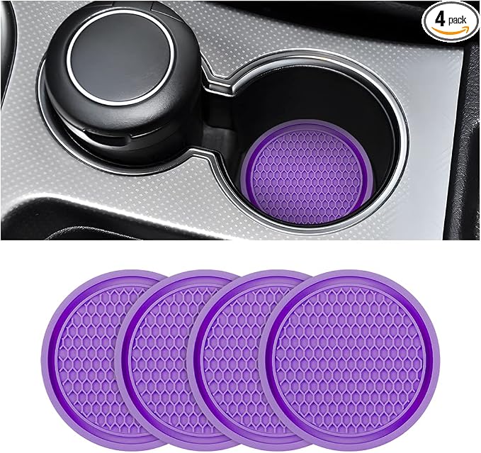 4 Pack Car Cup Holder Coaster, 2.75 Inch Diameter Non-Slip Universal Insert Coaster, Durable, Suitable for Most Car Interior, Car Accessory for Women and Men (Purple)