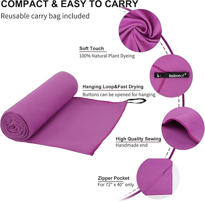 Rainleaf Microfiber Towel Quick Dry Camping & Travel & Gym Towel. Compact | Super Absorbent, Lightweight, Fast Drying. Suitable for Beach, Bath, Backpacking, Hiking, Swim.