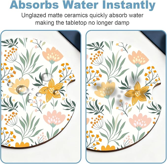Car Cup Holder Coaster Set of 2, 2.56 in Ceramic Coasters, Scratch-Resistant Cork Backing, Finger Groove Design for Easy Placement, Cute Car Accessories Interior for Women (Yellow Flower)