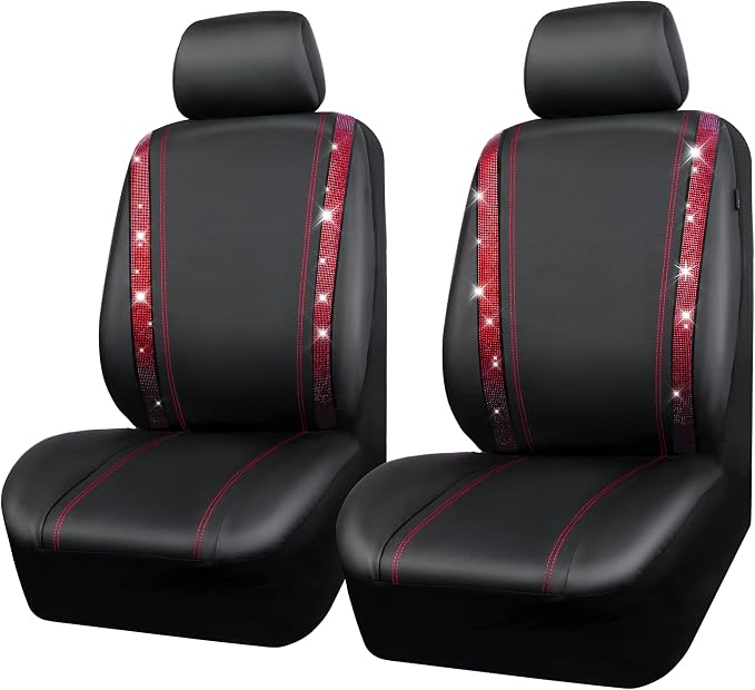 CAR PASS Leather Bling Diamond Car Seat Covers 2 Front Interior Sets, Waterproof Universal Shining Glitter Crystal Sparkle Fit for 95% Automotive Truck SUV Cute Women Girl, Black Red Rhinestone