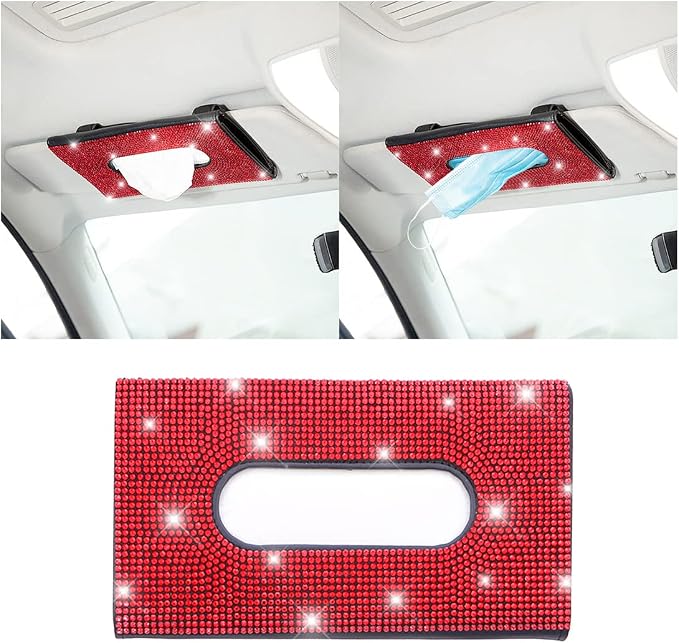 Bling Car Sun Visor Tissue Box Holder, Rhinestone PU Leather Crystal Sparkling Napkin Holder, Backseat Paper Towel Cover Case Car Accessories for Women (Red)