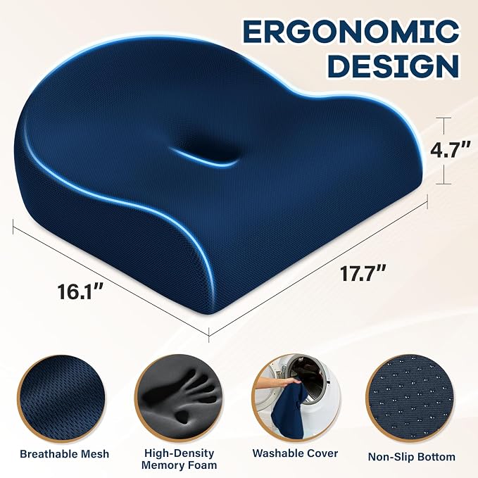 Seat Cushion for Pressure Relief - Ergonomic Home & Office Chair Cushions for Tailbone, Hip, Sciatica Support, Memory Foam Chair Pad for Long Sitting, Driving (Blue)