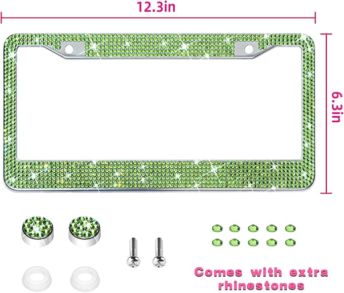 Bling License Plate Frame for Women, Sparkly Stainless Steel License Plate Frames| Over 1200 pcs 14 Facets Bedazzled Clear Glass Diamond Rhinestone Crystals w/Free Glitter Diamond (Olive Green)