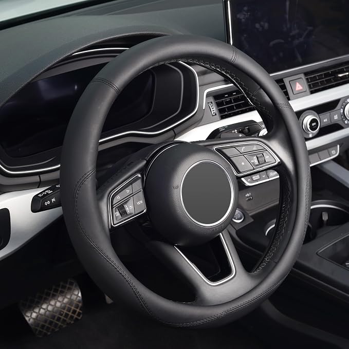 KAFEEK Black Steering Wheel Cover, Universal 15 inch, Microfiber Leather Black, Soft and Odorless, Durable Leather Cover with Anti-Slip Lining