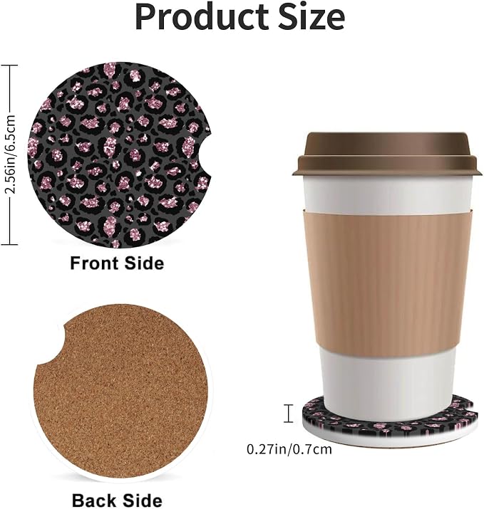 Absorbent Car Coasters for Cup Holders, 2 Pack Universal Anti Slip Ceramic Cup Coaster for Women Men 2.56 Inch Car Interior Accessories - Black Pink Leopard 005