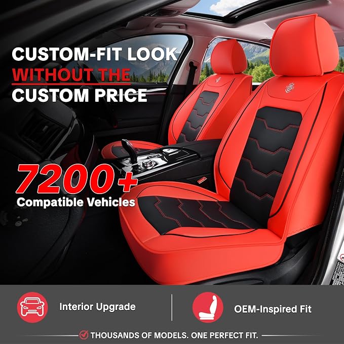 Red Car Seat Covers Complete Set, Universal Car Seat Covers for Cars, Premium Waterproof Leather, Protect & Upgrade Car Interiors, Airbag Compatible, Easy to Install & Clean Up