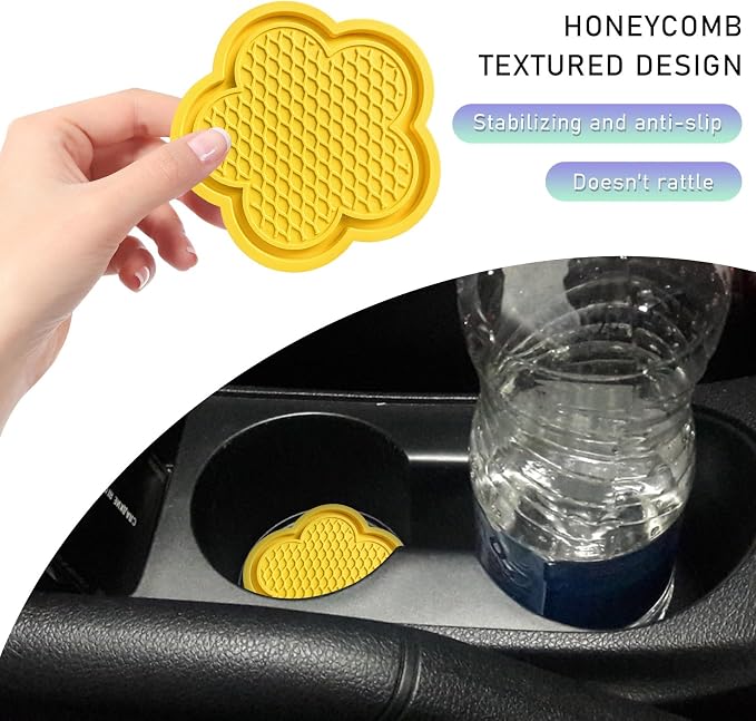 DXNQ 4 PCS Car Cup Coasters, Cute Flower Shaped Car Cup Holder Mat, PVC Waterproof Anti Slip Vehicle Cup Holder Insert Coaster, Universal Car Interior Decor Accessories (Yellow)