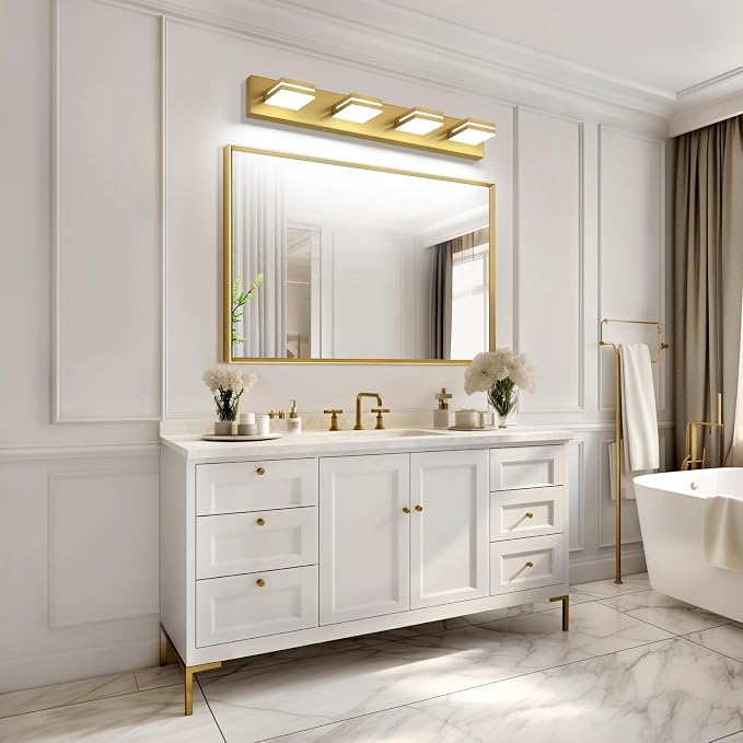 SineRise LED Modern Bathroom Vanity Light Fixtures (4-Light, 30-Inch), Brass Modern Acrylic Bathroom Wall Lighting Fixtures Over Mirror (Cool White 6000K)