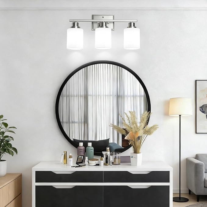 Unicozin 3-Light Bathroom Light Fixtures, Modern Brushed Nickel Vanity Light Over Mirror, Wall Sconces with Milky White Glass Shades for Living Room Bedroom Hallway E26 Base