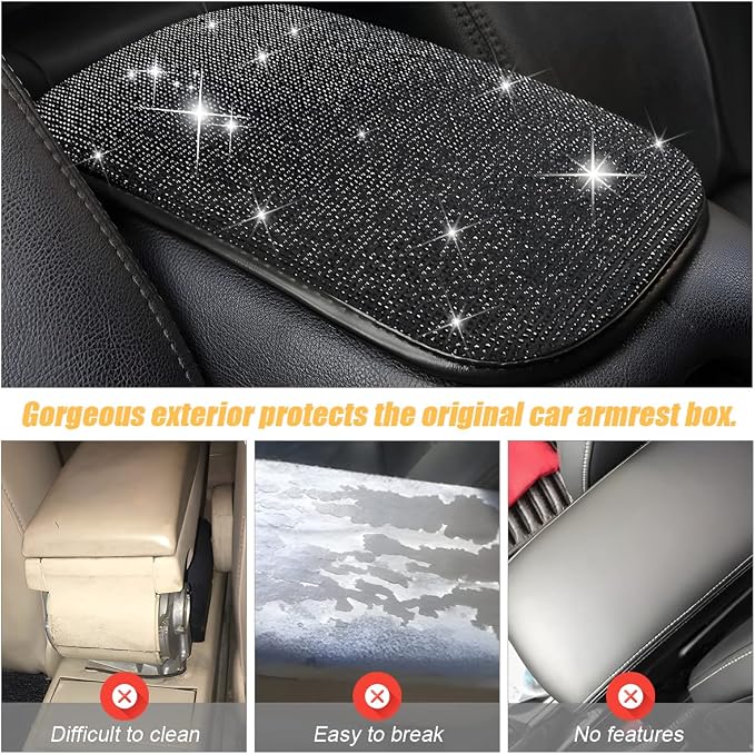 Moly Magnolia Bling Center Console Cover, Diamond Fashion ArmRest Pad, Crystal Soft Arm Rest Protective Cushion, Car Accessories for Women Girls, 11.8"×8.5" for Most of Vehicles, SUVs, Trucks (Black)