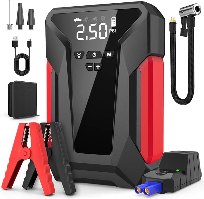 Jump Starter with Air Compressor, 4000A Car Battery Jump Starter for 12V Vehicles, Portable Battery Booster (9.0L Gas/8.0L Diesel), 150 PSI Tire Inflator, LCD Display, USB-C, LED Light (Black)