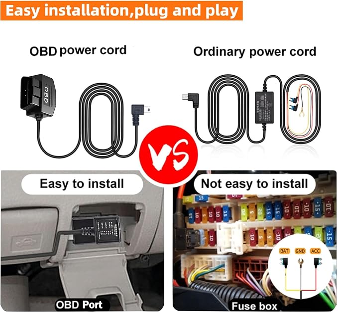 Dash Cam OBD Hardwire Kit, USB Type C Power Cable for Dash Camera 24 Hours Surveillance/Acc Mode for Dashcam Power Adapter with Low Voltage Protection 12-24V to 5V/3A