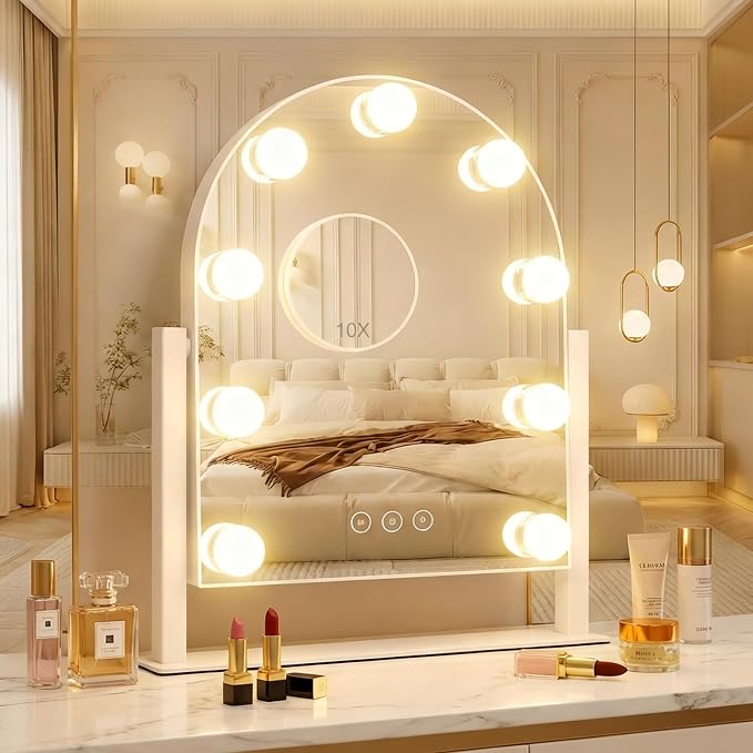 Arched Makeup Vanity Mirror with LED Lights Makeup Mirror Detachable 10X Magnification, Hollywood Make Up Mirror with Lighting, Smart Touch, Rechargeable,360° Rotation,White 14.17"x 11.81"